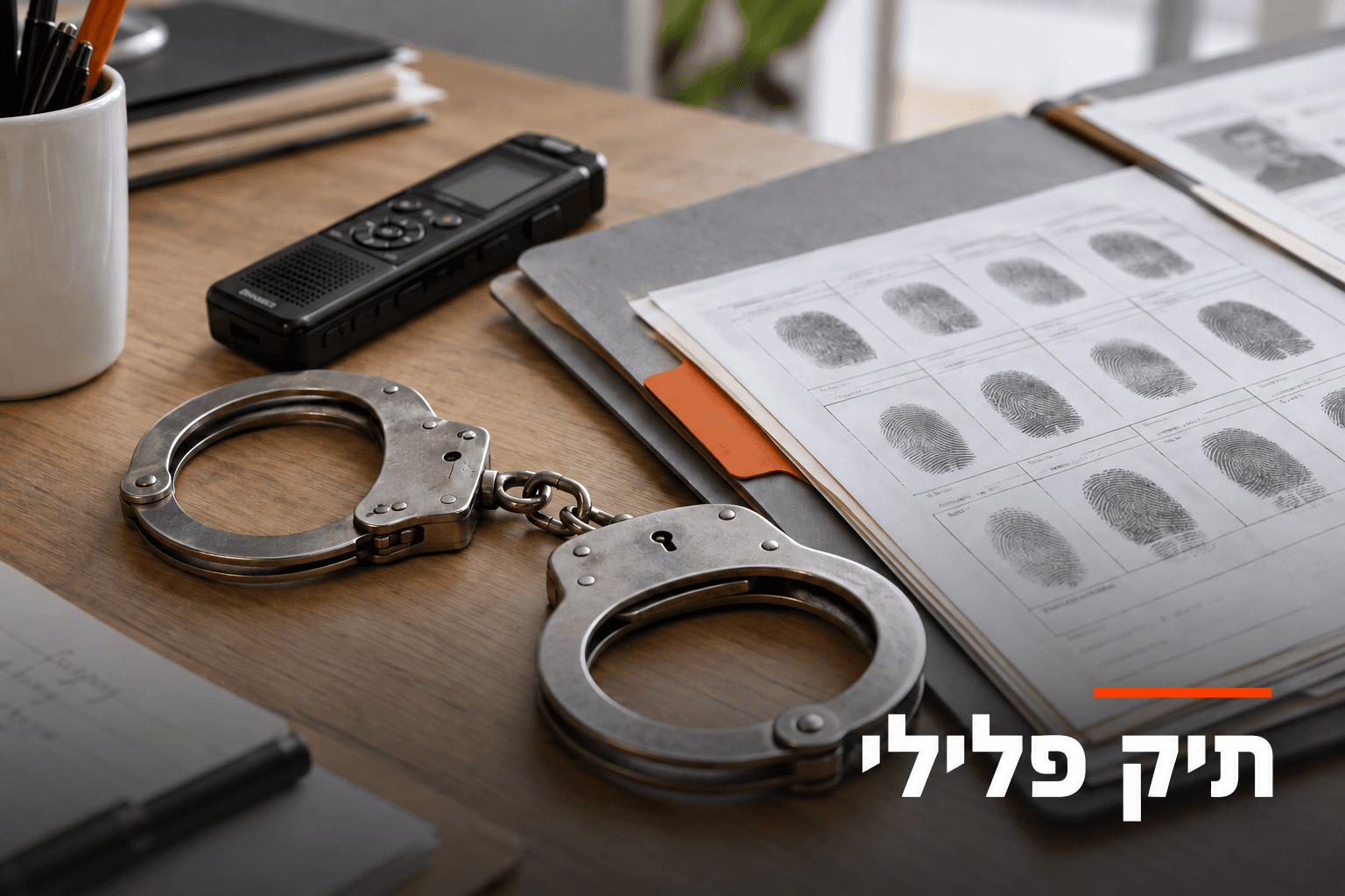 תיק פלילי — אזיקים, טביעות אצבע ומכשיר הקלטה על שולחן חקירות, תמונת המחשה