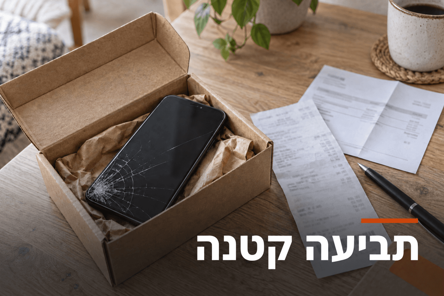 תביעה קטנה — טלפון עם מסך שבור באריזת משלוח לצד קבלה וחשבונית, תמונת המחשה